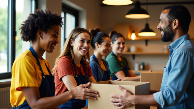 Collaborative Spirit: Diverse Team Packing Care Packages