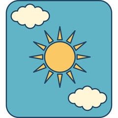 Stylized Sun With Rays And Fluffy Clouds In A Bright Blue Sky With A Thick Outline Border