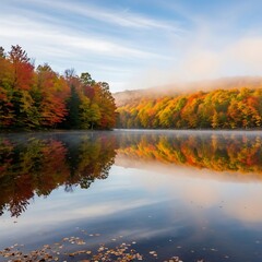 Fototapeta premium Autumn Reflection - Serene Lake Scene with Vibrant Fall Foliage.
