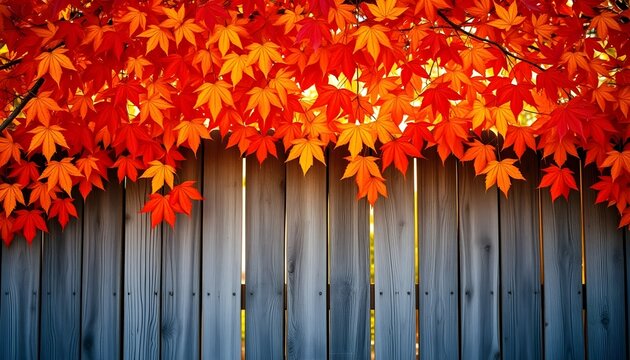 Front view of autumn leaves hanging over a rustic wooden fence.