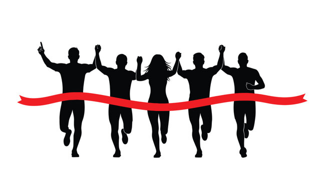 Dynamic runners triumphantly crossing finish line with winning spirit