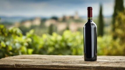 Fototapeta premium Wine Bottle Resting on Rustic Wooden Table With Vineyard View in the Background, Featuring Natural Tones and Peaceful Atmosphere