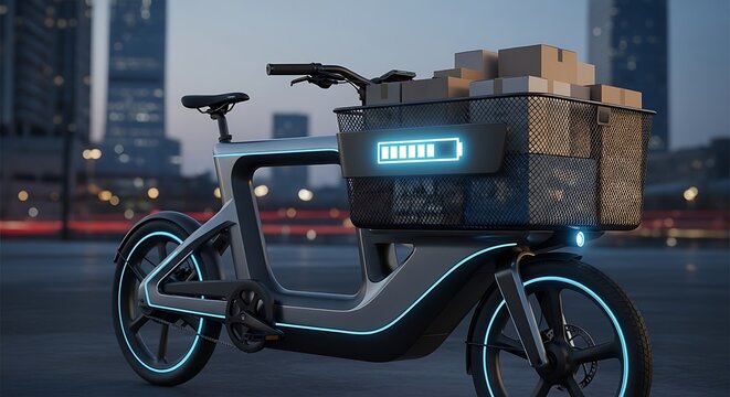 Futuristic Electric Cargo Bike with Battery Indicator and Boxes