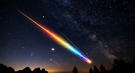 Vibrant Rainbow Meteor Streaking Across Starry Night Sky