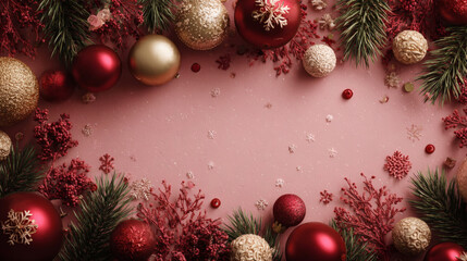 Colorful Christmas ornaments and pine branches arranged upon the red background featuring snowflake decorations, creating a festive holiday atmosphere under soft studio lighting