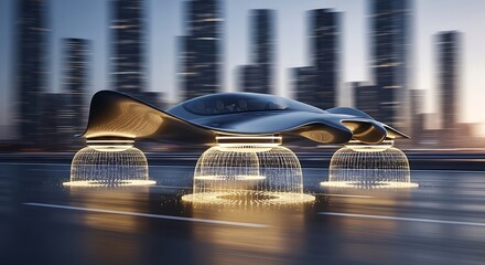 Futuristic Flying Car in Motion Through Cityscape