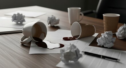 Frustration and Overwork: Spilled Coffee on Documents Symbolizing Stress and Burnout in the Workplace. Perfect for articles on work-life balance and mental health.