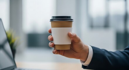 Fueling Focus: Businessman Holding Coffee Cup Ready for a Productive Workday. Perfect for business, lifestyle, and motivational marketing campaigns.