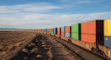 Fototapeta premium Global Logistics and Transportation: Freight Train Carrying Cargo Containers for International Trade and Supply Chain Solutions. Use for Business and Industry Concepts.