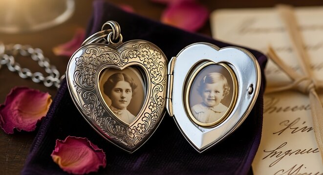 Vintage Heart Locket with Old Family Portraits and Rose Petals