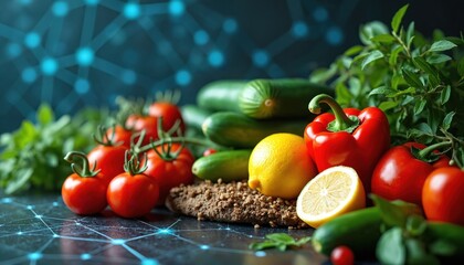 Fresh vegetables and lemon sit on a dark surface with glowing blue network pattern. Tomatoes, peppers, cucumbers are near green leaves. Concept shows farm to table food tech integration.