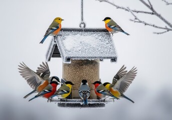 Bird feeder covered in frost with colorful winter birds gathered around