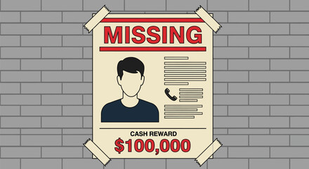 Missing person poster with cash reward on brick wall for true crime