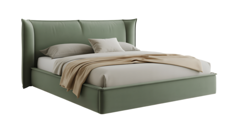 A modern upholstered bed in sage green 
