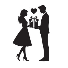 Couple exchanging a gift silhouette