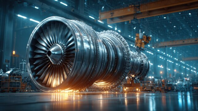 Advanced turbine production line massive jet engine in high-tech aerial facility