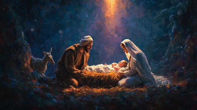 A serene and traditional Nativity stable, simply adorned with hay and soft, warm light, evoking the humble yet sacred setting of the birth of Jesus.