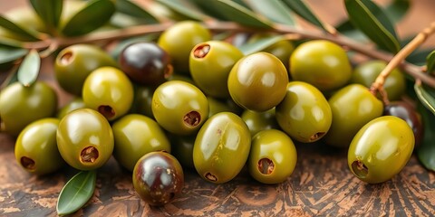 Close-up of vibrant green olives on a rustic background, photography, green olives