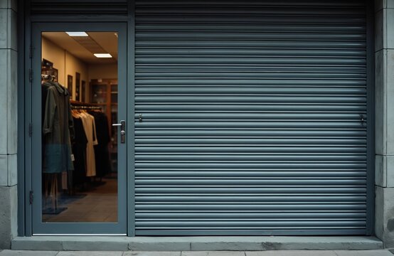 Closed shop with metal roller shutter door and glass entry. Retail store facade displays clothing racks inside. Metallic exterior presents security and business closure.