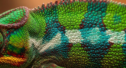 Obraz premium Vibrant Chameleon Skin Close-Up for Science, Nature Education and Biodiversity Conservation Projects. Perfect for Eye-Catching Designs and Vivid Backgrounds.