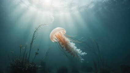 A white jellyfish in beautiful, clear blue water. Warm, intense rays of sunlight coming from above.