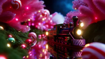 A whimsical candyland scene featuring a vibrant train journeying through a fantastical landscape filled with colorful sweet trees, glimmering lights, and shimmering reflections on a serene water - Powered by Adobe
