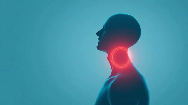 Abstract medical visualization of human neck and throat pain, illustratinman body medical HUD interface displayg discomfort and inflammation