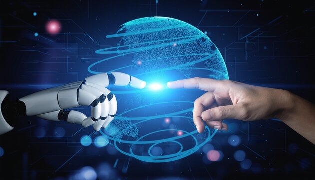 A robotic arm and a human hand touching a glowing blue orb with swirling lines on a dark background with neon lights.