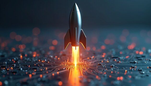 Silver rocket launches from glowing circuit board, representing startup growth, tech innovation. Upward motion signifies progress, speed, future success. Digital circuits pulse with energy, data,