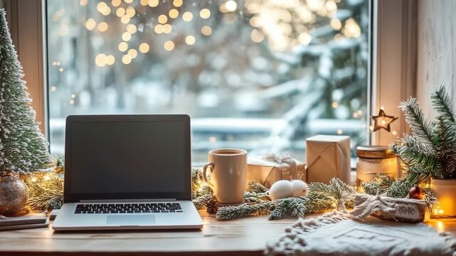 Christmas decorated workspace with laptop, cup of tea, Christmas tree branches, gifts, lights and snowy window view creating cozy winter holiday atmosphere