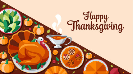 Diagonal Thanksgiving dinner scene illustration with copy space