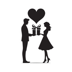 Couple exchanging a gift silhouette