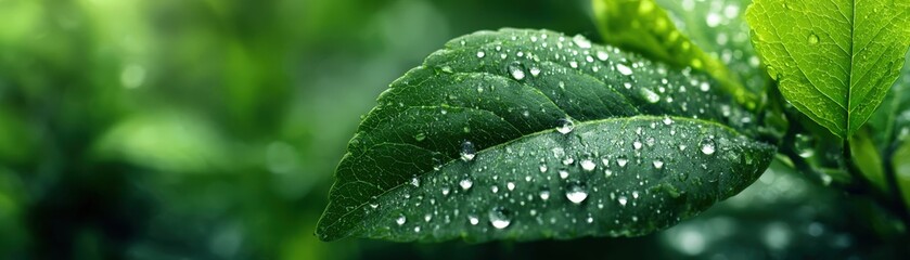 Close-up of vibrant green leaves with water droplets glistening in sunlight, showcasing the beauty of nature and the freshness of a lush environment with rich textures
