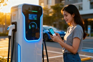 Sustainable and economic transportation concept. Woman charging electric car at a modern charging station while using her smartphone in a sunset setting.