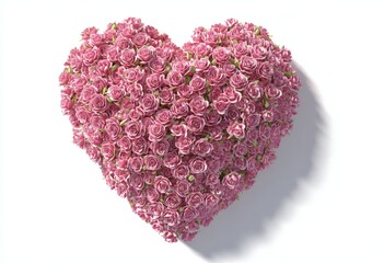 Heart-shaped arrangement of pink roses, beautifully crafted with lush petals and green leaves, symbolizing love and affection in a vibrant floral display