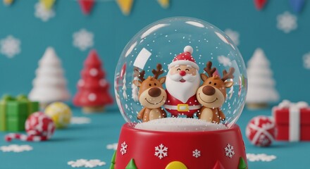 Christmas snow globe featuring Santa and two reindeer in festive setting  