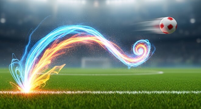 Soccer ball with dynamic glowing light trail on stadium field