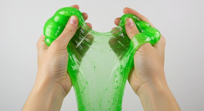 Kid hands stretching green slime. Child playing with gooey toy for sensory play and creative fun, stress relief concept.