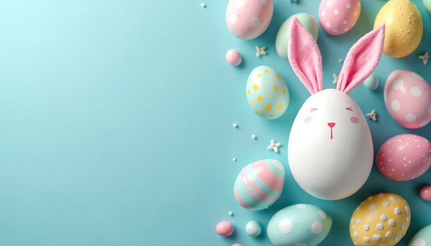 Cute Easter bunny egg with pink ears, happy face. Many pastel colorful painted eggs surround it. White sprinkles, flowers decorate light blue background. Spring holiday celebration fun, joy concept.