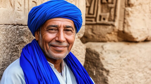 Middle Eastern Man in Traditional Attire Smiling in Front of Ancient Egyptian Stone Carving Architecture