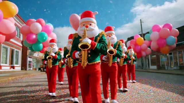 A Festive Parade of Joyful Santa Musicians in Colorful Costumes Playing Saxophones Amidst a Sea of Balloons and Confetti, Celebrating the Cheerful Spirit of the Holiday Season