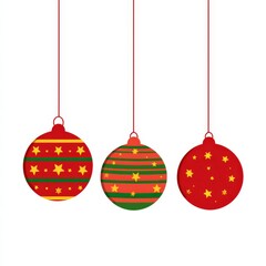 Colorful Christmas ornaments in red, green, and gold hanging from red strings, showcasing festive designs with stars and stripes, perfect for holiday decorations and seasonal celebrations
