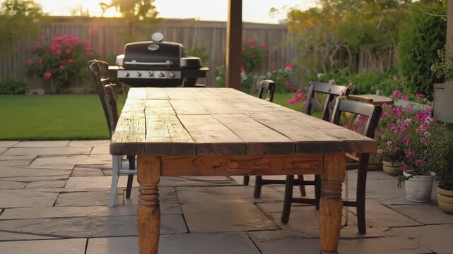 Outdoor dining setup with a wooden table and grill in the backyard. 4K Video