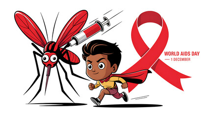 World aids day awareness: boy hero, mosquito, syringe, red ribbon