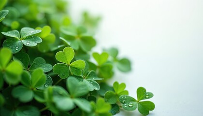 Close up of green four leaf clovers with water drops on white background. Lucky clover leaves for St. Patrick day celebration. Green nature symbol of good luck and fortune.