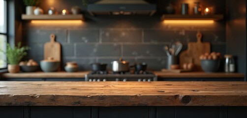 Rustic wooden table in a dark, softly lit kitchen. Background shows counter, pots on stove, and shelves with decor. Ideal for product placement or culinary themes.