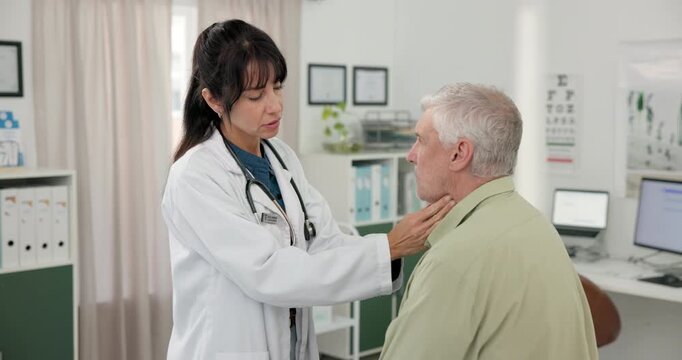 Consulting, hospital and doctor with senior man for checkup, lymph nodes and flu symptoms. Healthcare, talking and woman with mature patient for wellness, medical service and appointment in clinic