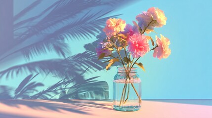 White Vase with Plumeria Under Colorful Light and Shadow, Minimalist Design for Interior Decoration