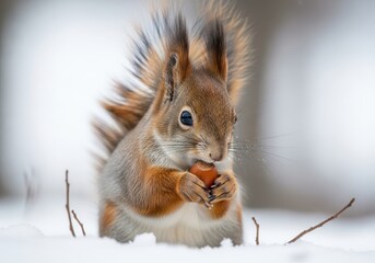 Fototapeta premium Closeup of squirrel eating nuts in snow