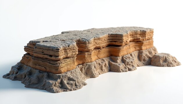 Layered rock formation with rough texture. Sandy brown and grey stone stack against white backdrop. Geological sample shows strata erosion details.
